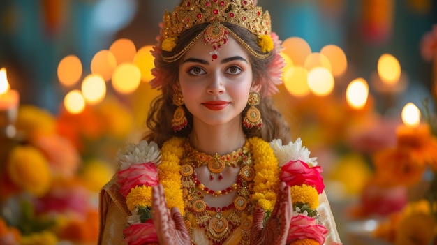 Foto gratuita retrato de color vivo de una mujer en la celebración de navratri