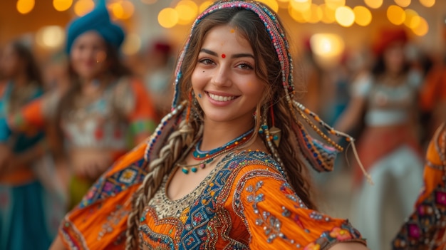 Retrato de color vivo de una mujer en la celebración de Navratri