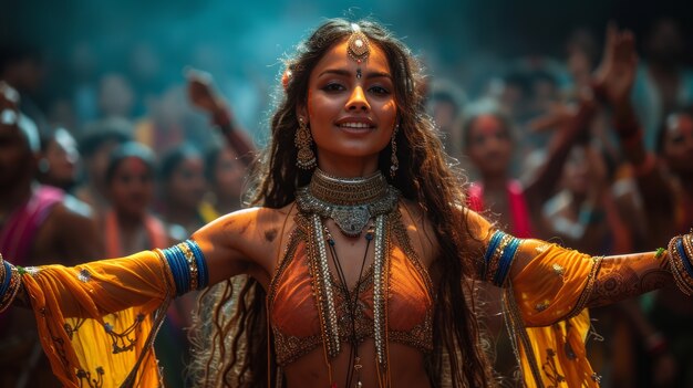 Retrato de color vivo de una mujer en la celebración de Navratri