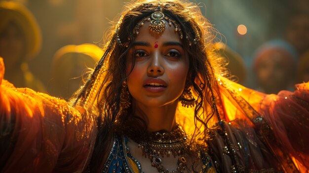 Retrato de color vivo de una mujer en la celebración de Navratri