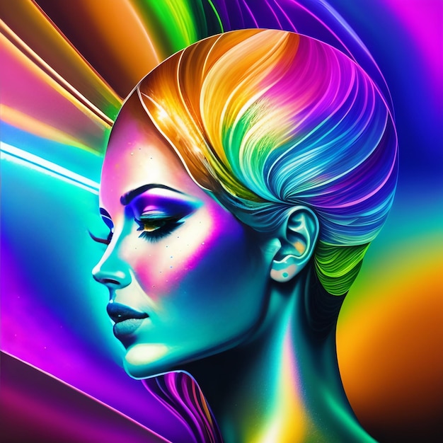 Un retrato colorido de una mujer con cabello de arco iris