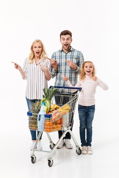 Retrato completo de una familia sorprendida caminando