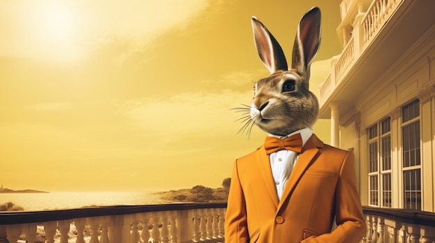 Retrato de un conejo antropomórfico vestido con ropa humana