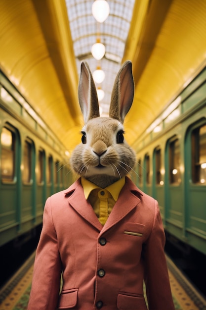 Retrato del conejo de Pascua en una estación de tren