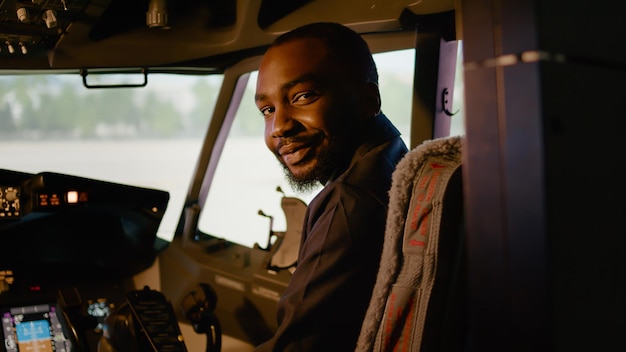 Retrato de un copiloto afroamericano sentado en la cabina de un avión con un capitán, listo para volar un avión de línea aérea con un panel de control. Mando de navegación con motor de potencia en cabina.