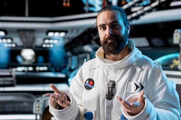 Retrato de un cosmonauta explorando el espacio profundo preparándose para una misión planetaria