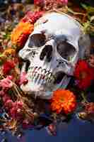 Foto gratuita retrato del cráneo esqueleto humano con flores