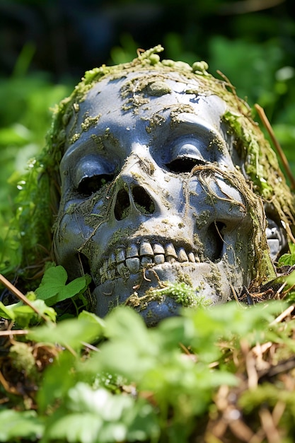 Retrato del cráneo esqueleto humano con vegetación