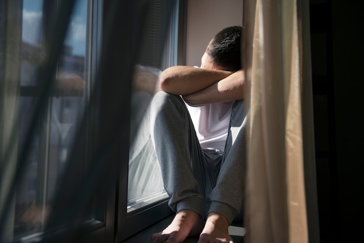 Foto gratuito retrato creativo del hombre con cortinas y sombras desde la ventana.