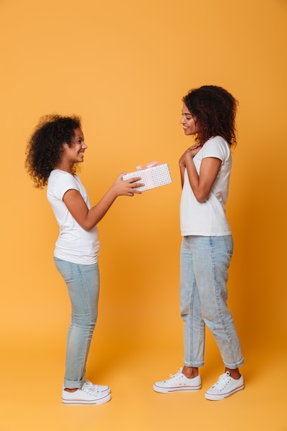 Retrato de cuerpo entero de dos alegres hermanas afroamericanas