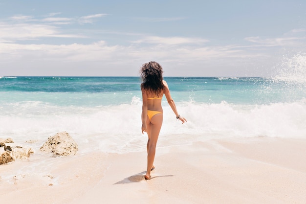 Retrato de cuerpo entero desde la parte posterior de la espectacular chica elegante en traje de baño en el océano a la luz del sol