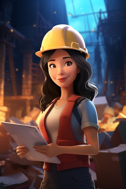Retrato de dibujos animados en 3D de una mujer trabajadora en la celebración del Día del Trabajo