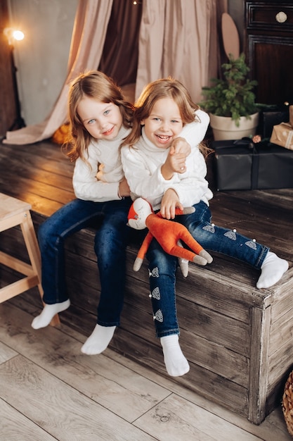 Retrato de dos hermanas alegres en suéteres blancos abrazando en construcción de madera en Navidad.