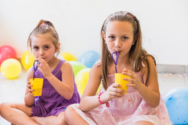 Retrato de dos hermanas lindas que beben jugo con paja en casa