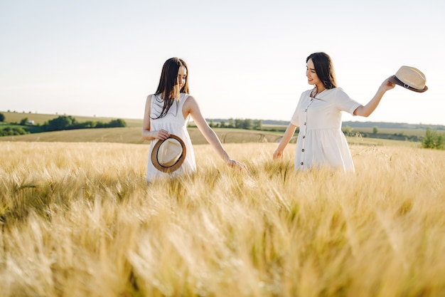 Retrato de dos hermanas en vestidos blancos con pelo largo en un campo