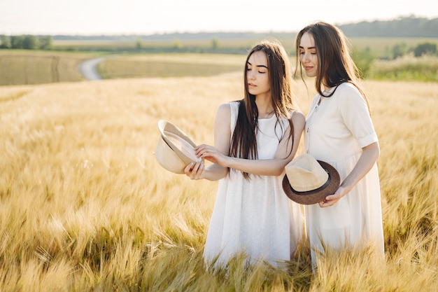 Retrato de dos hermanas en vestidos blancos con pelo largo en un campo