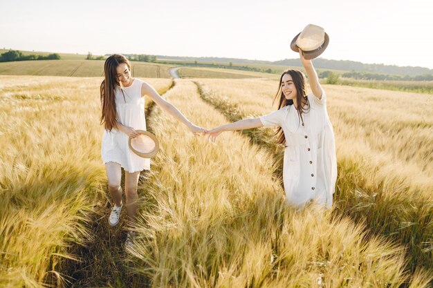 Retrato de dos hermanas en vestidos blancos con pelo largo en un campo