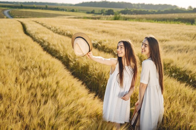 Retrato de dos hermanas en vestidos blancos con pelo largo en un campo