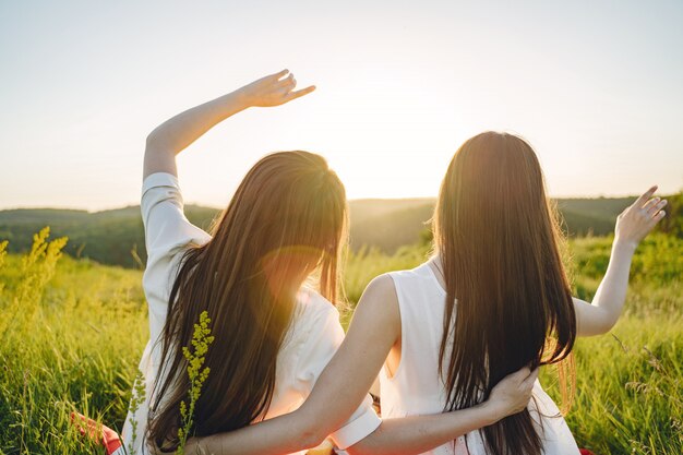 Retrato de dos hermanas en vestidos blancos con pelo largo en un campo