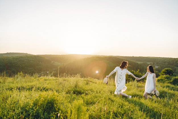 Retrato de dos hermanas en vestidos blancos con pelo largo en un campo