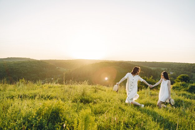 Retrato de dos hermanas en vestidos blancos con pelo largo en un campo