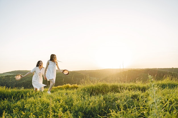 Retrato de dos hermanas en vestidos blancos con pelo largo en un campo