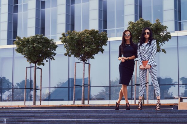 Retrato de dos mujeres de negocios vestidas con ropa formal elegante, de pie en los escalones en un centro posando contra el fondo de un rascacielos.