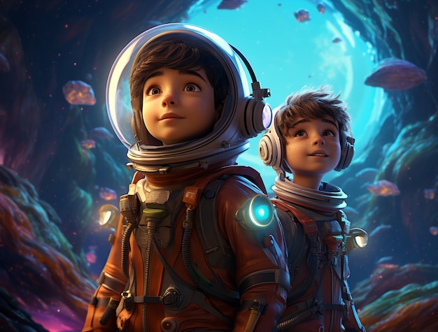 Retrato de dos niños astronautas en trajes espaciales