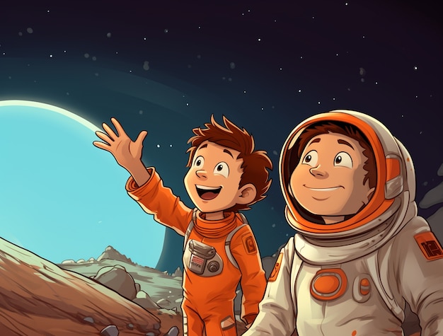 Foto gratuita retrato de dos niños astronautas en trajes espaciales