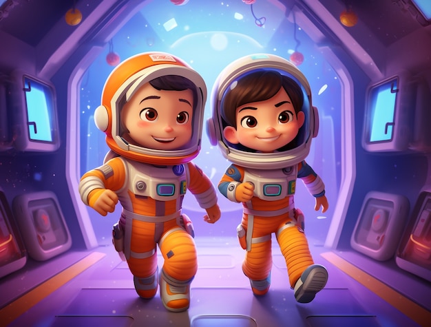 Foto gratuita retrato de dos niños astronautas en trajes espaciales