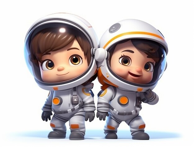 Retrato de dos niños astronautas en trajes espaciales