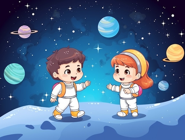 Retrato de dos niños astronautas en trajes espaciales