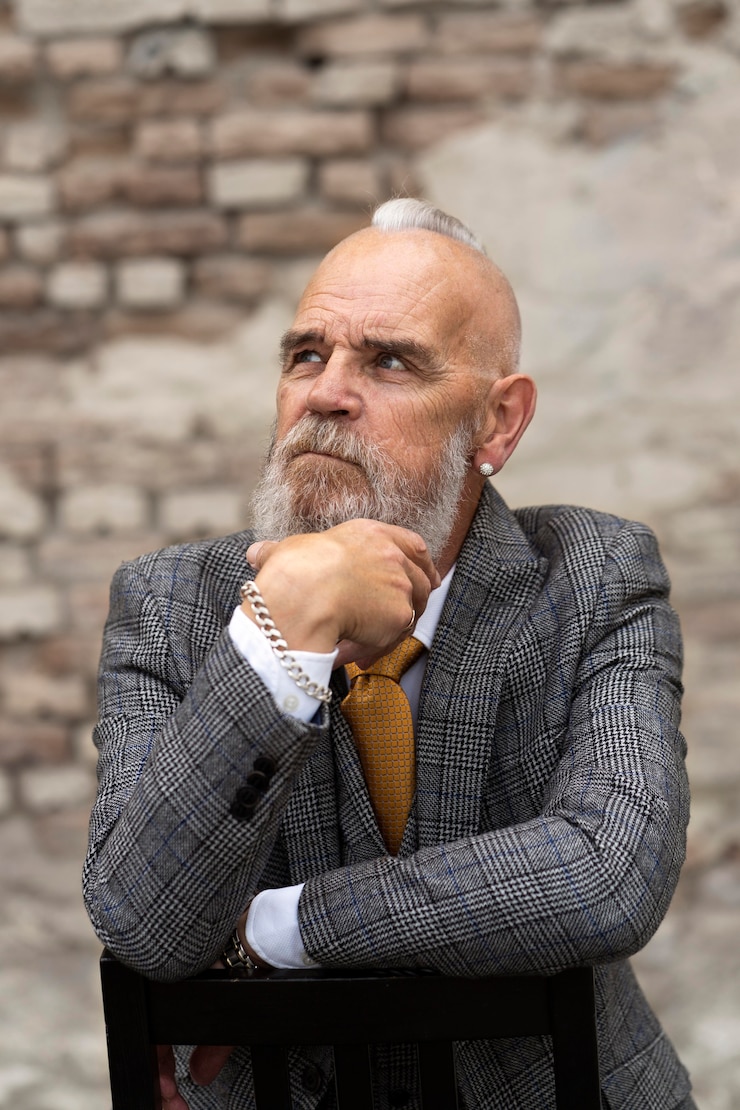 Foto gratuito retrato, de, elegante, hombre mayor, sentado, aire libre