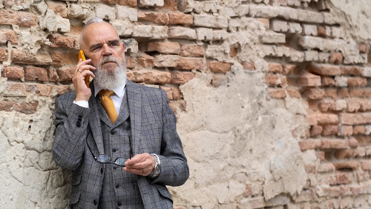 Foto gratuito retrato, de, elegante, hombre mayor, en, el suyo, teléfono