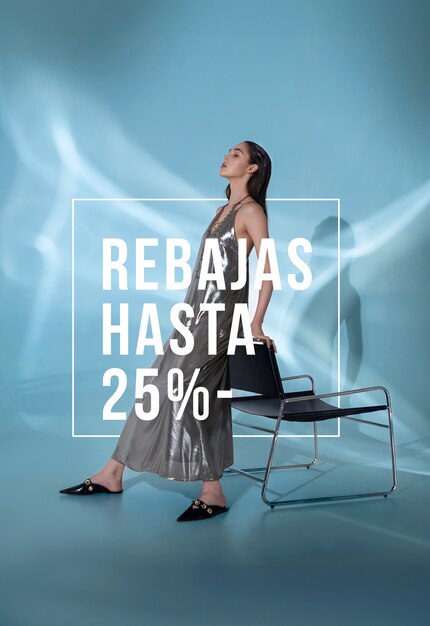 Retrato elegante de mujer con texto de ventas en español para liquidación  de ropa