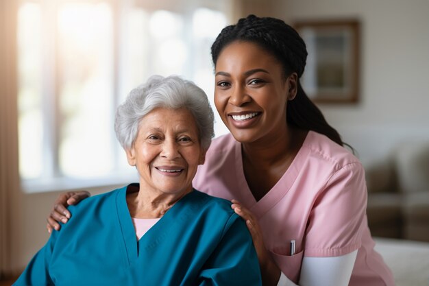 Retrato de enfermera femenina con paciente mayor