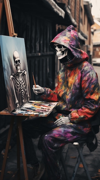 Retrato de esqueleto pintado sobre lienzo.