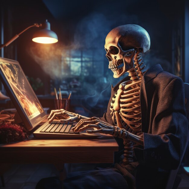 Retrato del esqueleto usando laptop