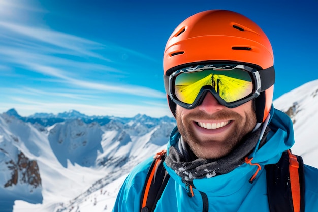 Foto gratuita retrato de un esquiador sonriente con montañas nevadas al fondo