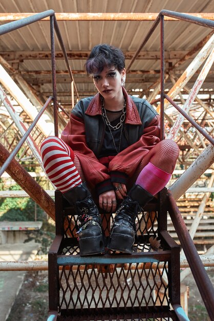 Retrato estético pop punk de mujer posando sobre estructura metálica en escaleras