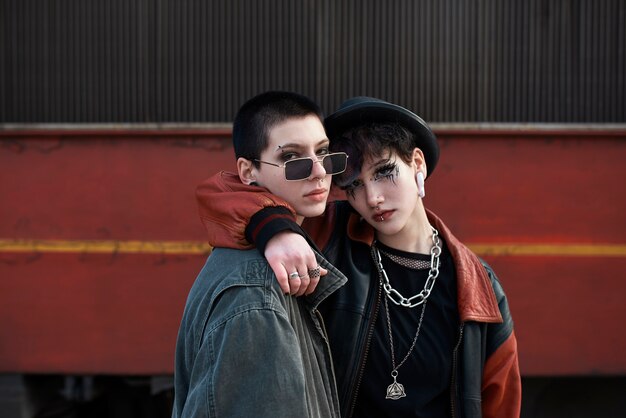 Retrato estético pop punk de mujeres posando junto a una locomotora