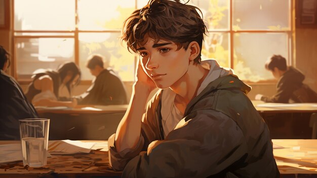 Retrato de estilo anime de un joven estudiante que asiste a la escuela