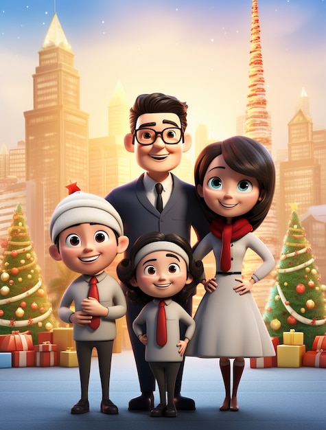 Retrato de familia de estilo de dibujos animados celebrando la Navidad