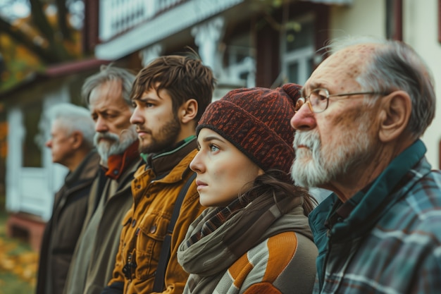 Retrato de una familia multigeneracional que comparte una casa debido al aumento inasequible de los precios en el mercado de la vivienda