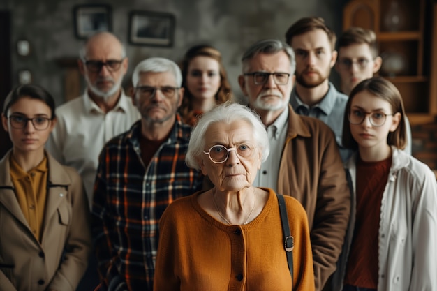 Retrato de una familia multigeneracional que comparte espacio en el hogar debido a los altos precios de la vivienda