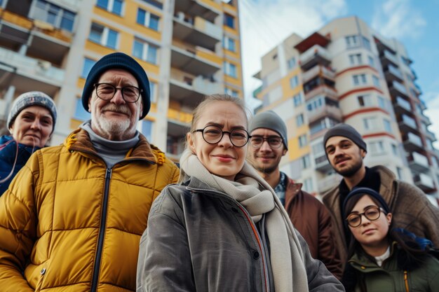 Retrato de una familia multigeneracional que comparte espacio en el hogar debido a los altos precios de la vivienda