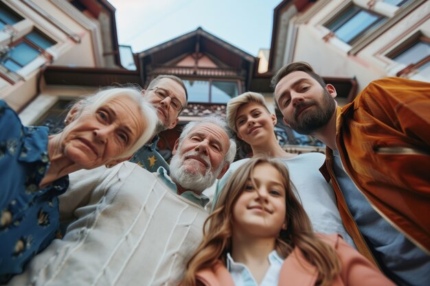 Retrato de una familia multigeneracional que comparte espacio en el hogar debido a los altos precios de la vivienda