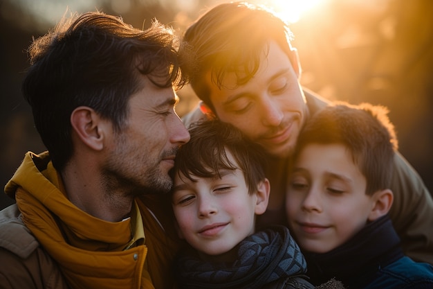 Foto gratuita retrato de una familia no tradicional con padres homosexuales