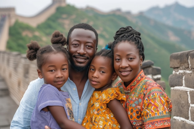 Retrato de una familia de turistas que visita la Gran Muralla de China