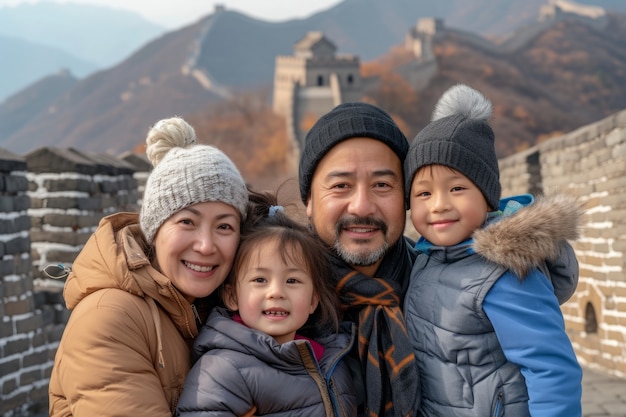 Foto gratuita retrato de una familia de turistas que visita la gran muralla de china